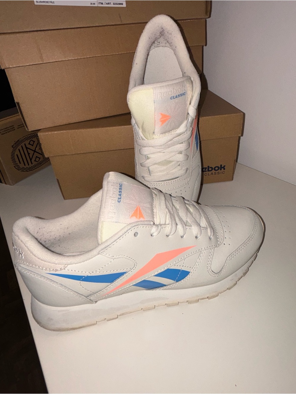 Reebok White Sneakers with Blue & Coral Accents